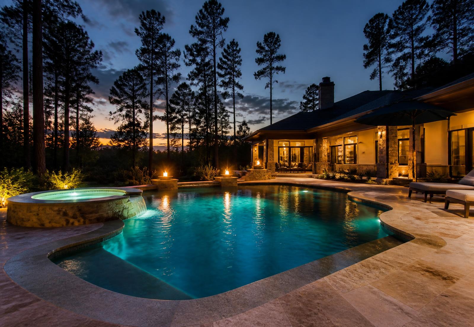 Custom gunite pool with lit spa and travertine deck at dusk in Durham, North Carolina