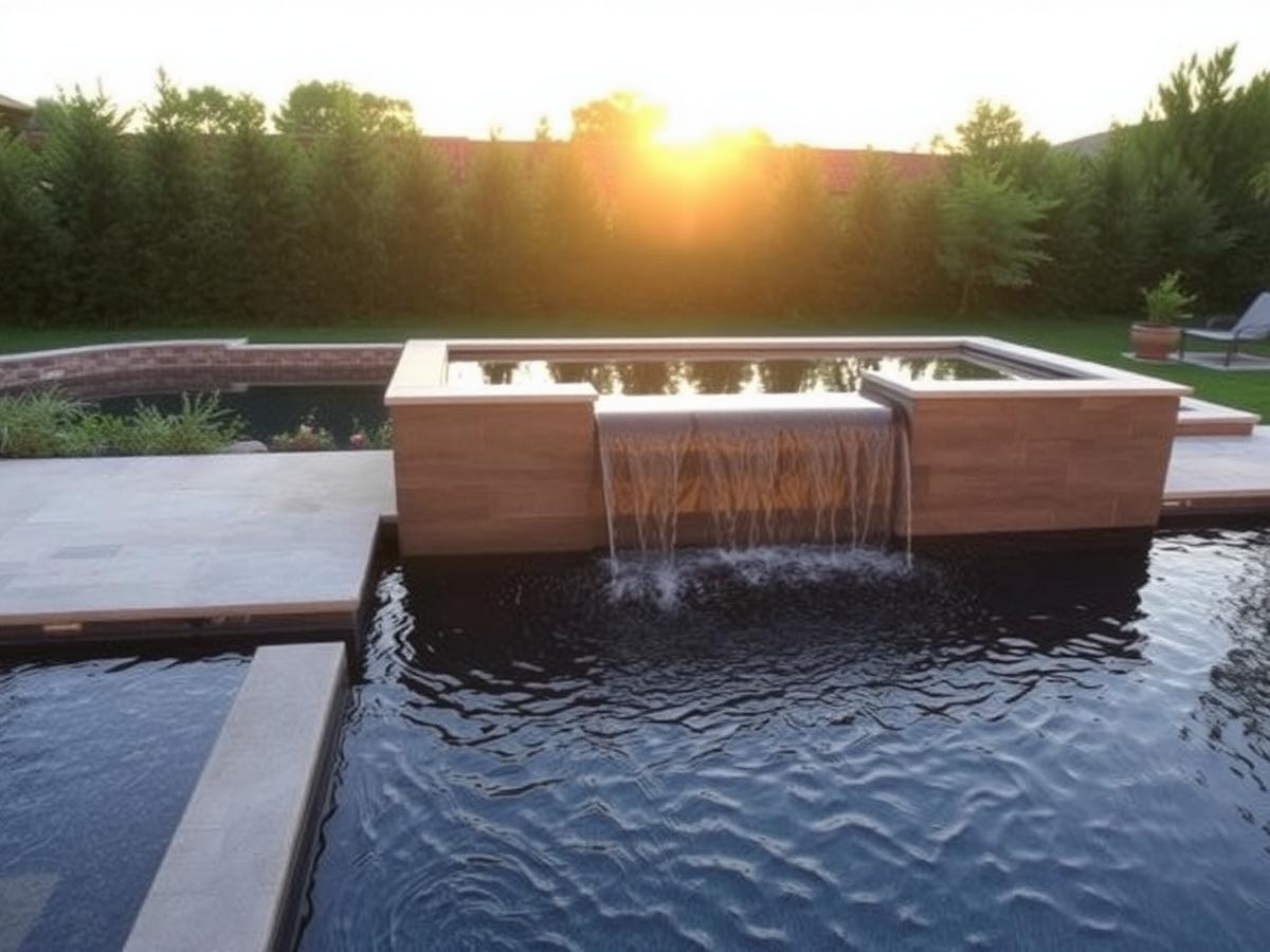 Raised Spa & Spillway — New build · geometric pool with sheer-descent