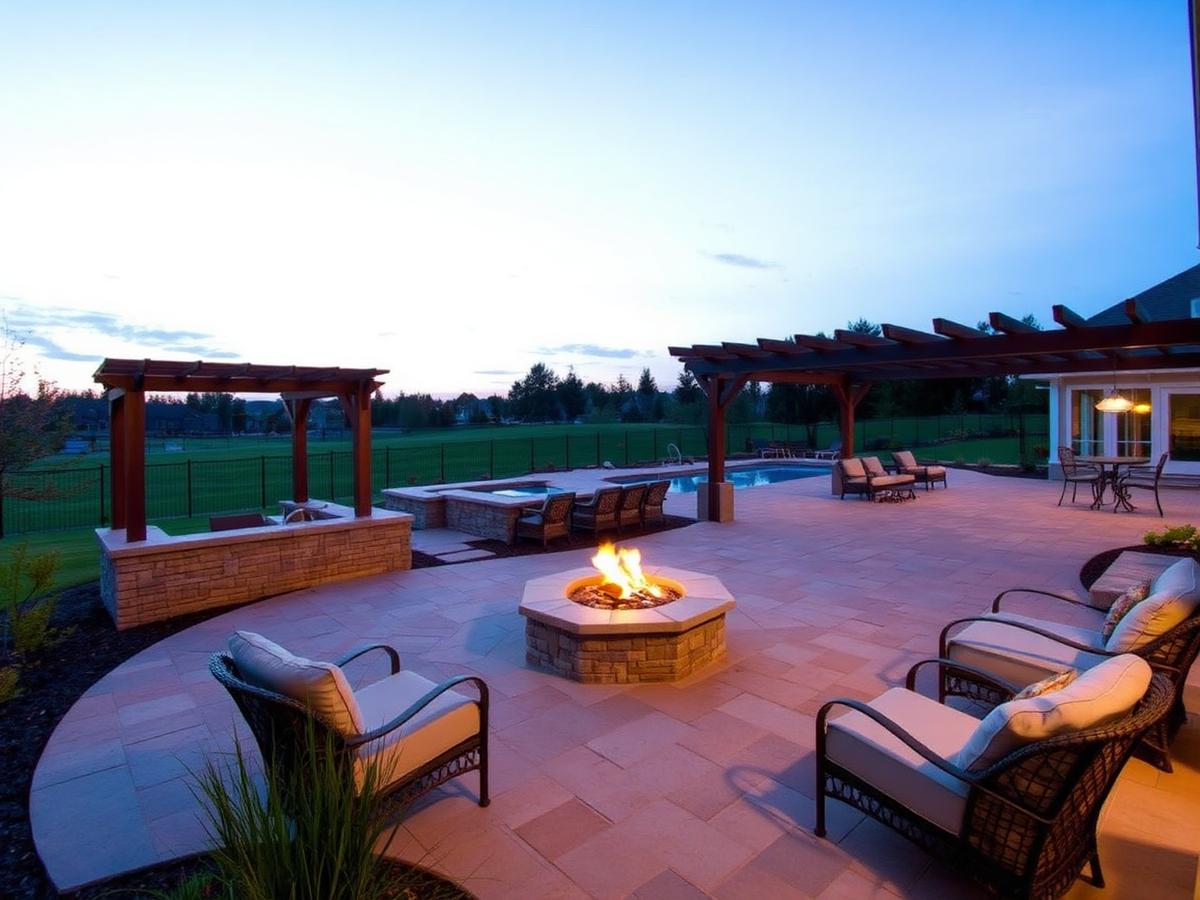 Backyard Terrace — Hardscape · fire pit, pergola and pool patio